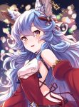  1girl :d bangs blue_hair blurry blurry_background blush breasts brown_eyes commentary_request depth_of_field detached_sleeves dress ear_piercing erune eyebrows_visible_through_hair ferry_(granblue_fantasy) granblue_fantasy hair_between_eyes highres juliet_sleeves long_hair long_sleeves looking_at_viewer open_mouth piercing puffy_sleeves red_dress red_sleeves sleeveless sleeveless_dress small_breasts smile solo tomo_(user_hes4085) upper_body very_long_hair 