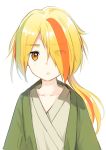  1girl blonde_hair eyebrows_visible_through_hair eyes_visible_through_hair green_hair hair_over_one_eye highres long_hair looking_at_viewer multicolored_hair nikaidou_saki open_mouth orange_hair ponytail robe streaked_hair youmu_(tomgoku2) zombie_land_saga 