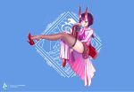  bangs beer_can can choker erica_june_lahaie fan fate/grand_order fate_(series) fishnet_legwear fishnets folding_fan full_body high_heels jacket long_skirt oni_horns pink_skirt pleated_skirt purple_hair sailor_collar shoe_dangle short_hair shuten_douji_(fate/grand_order) signature skirt smile thigh-highs tongue tongue_out violet_eyes watermark web_address 