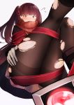  1girl alternate_costume bangs black_legwear blush bound breasts brown_coat coat dinergate_(girls_frontline) embarrassed eyebrows_visible_through_hair flying_sweatdrops girls_frontline gloves hair_ornament hair_ribbon highres large_breasts leg_up long_hair looking_at_viewer one_side_up open_mouth panties panties_under_pantyhose pantyhose pnatsu purple_hair red_eyes red_ribbon red_scarf ribbon scarf sidelocks simple_background thighband_pantyhose torn_clothes torn_legwear underwear very_long_hair wa2000_(girls_frontline) white_background 
