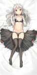  1girl artist_name ass_visible_through_thighs bed_sheet black_bra black_legwear black_panties blush bow bow_bra bra breasts breasts_apart collarbone dakimakura eyebrows_visible_through_hair hair_between_eyes head_tilt highres lace lace-trimmed_bra lace-trimmed_panties long_hair long_sleeves looking_at_viewer lying navel on_back open_clothes open_shirt panties parted_lips pink_eyes shirt side-tie_panties signature silver_hair small_breasts solo sophie_twilight thigh-highs tonari_no_kyuuketsuki-san underwear white_shirt youthpaint 