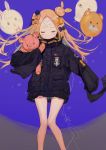  1girl abigail_williams_(fate/grand_order) bangs bare_legs black_bow black_jacket blonde_hair blush bow closed_eyes closed_mouth facial_mark facing_viewer fate/grand_order fate_(series) feet_out_of_frame floating_hair forehead_mark fou_(fate/grand_order) ghost hair_bow heroic_spirit_traveling_outfit highres jacket long_hair long_sleeves medjed orange_bow parted_bangs purple_background rabbit rosette_(yankaixuan) sleeves_past_fingers sleeves_past_wrists solo stuffed_animal stuffed_toy teddy_bear 