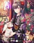  1girl animal animal_on_lap black_hair black_kimono blue_eyes dog egasumi falkyrie_no_monshou floral_print flower hair_flower hair_ornament heterochromia indoors japanese_clothes kimono natsumekinoko official_art open_mouth plant ponytail potted_plant purple_flame red_eyes seiza sidelocks sitting smile watermark wheel wide_sleeves 