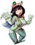  1girl artist_name asui_tsuyu black_eyes black_hair bodysuit boku_no_hero_academia boots breasts frog_girl full_body gloves goggles goggles_on_head green_bodysuit green_gloves green_legwear hair_between_eyes hair_rings highres long_hair long_tongue low-tied_long_hair medium_breasts otonaru simple_background skin_tight solo thigh-highs thigh_boots tongue tongue_out very_long_hair very_long_tongue white_background 