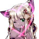  1girl animal_ear_fluff animal_ears bangs bastet_(p&amp;d) blonde_hair blurry blurry_foreground blush cat_ears closed_mouth collarbone depth_of_field eyebrows_visible_through_hair fang fang_out green_eyes hair_between_eyes head_tilt headgear heart long_hair one_eye_closed pikomarie puzzle_&amp;_dragons simple_background solo upper_body very_long_hair white_background 
