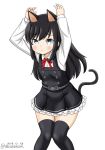  1girl animal_ears arms_up asashio_(kantai_collection) black_hair black_legwear blue_eyes cat_ears cat_tail commentary_request cowboy_shot dated dress feet_out_of_frame kantai_collection knees_together long_hair long_sleeves looking_at_viewer looking_up masara_(masalucky2010) neck_ribbon pinafore_dress red_ribbon remodel_(kantai_collection) ribbon salute solo standing tail thigh-highs twitter_username white_background 
