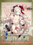  1girl alternate_costume belt bikini_top black_footwear blonde_hair blue_eyes blush boots breasts can christmas coat colt_m1873_(girls_frontline) colt_saa commentary_request girls_frontline gloves gun handgun hat holding long_hair looking_at_viewer navel official_art red_coat red_gloves red_hat revolver sack short_shorts shorts single_thighhigh small_breasts smile soda soda_bottle soda_can solo striped striped_legwear thigh-highs torn_clothes torn_legwear twintails weapon 
