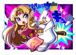  1girl blonde_hair blue_eyes bracelet breasts chibi dress earrings flying_kick full_body highres inazuma_kick jewelry kicking long_hair medium_breasts nintendo open_mouth pointy_ears princess_zelda sandals shoulder_armor sidelocks solo sparkle straight_hair super_smash_bros. super_smash_bros._ultimate tabard tanpopo_hayabusa-maru the_legend_of_zelda tiara triforce 