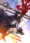  1girl adsouto arm_guards armor armored_boots artist_name black_hair black_legwear black_shorts boots braid breasts claws day eyebrows_visible_through_hair highres long_hair looking_at_viewer medium_breasts shorts solo tales_of_(series) tales_of_berseria thigh-highs thigh_strap torn_clothes torn_legwear under_boob velvet_crowe very_long_hair weapon yellow_eyes 