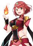  1girl bangs breasts earrings fingerless_gloves fire gloves headpiece highres pyra_(xenoblade) jewelry large_breasts looking_at_viewer lourie nintendo open_mouth red_eyes red_shorts redhead short_hair shorts shoulder_armor simple_background solo swept_bangs tiara white_background xenoblade_(series) xenoblade_2 