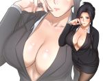  1girl absurdres arm_behind_back black_hair blush breasts business_suit cleavage collarbone collared_shirt commentary_request formal from_above grey_eyes hair_up hand_on_own_cheek highres large_breasts long_hair office_lady original pantyhose pencil_skirt shirt sidelocks skirt skirt_suit standing suit trickster_(artist) 