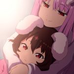  2girls animal_ears brown_hair commentary_request eyebrows_visible_through_hair eyes_visible_through_hair floppy_ears hair_between_eyes hug hug_from_behind inaba_tewi long_hair long_sleeves multiple_girls parody purple_hair rabbit_ears red_ribbon reisen_udongein_inaba ribbon shirosato short_hair smile ssss.gridman touhou 
