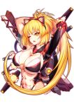  1girl abs animal_ears arms_behind_head arms_up bangs blonde_hair breasts cat_ears cleavage cropped_torso eyebrows_visible_through_hair hair_between_eyes headgear huge_breasts ichiban_renga long_hair looking_at_viewer machinery mecha_musume midriff navel o-ring o-ring_top one_eye_closed open_mouth original pixiv_id ponytail revealing_clothes scar scar_across_eye sidelocks simple_background solo under_boob upper_body very_long_hair white_background yellow_eyes 