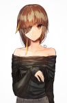  1girl alternate_costume bare_shoulders blonde_hair brown_eyes brown_hair casual collarbone eyepatch girls_frontline highres long_hair long_sleeves looking_back m16a1_(girls_frontline) mole mole_under_eye multicolored_hair simple_background solo streaked_hair upper_body white_background xanax025 