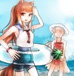  2girls animal_ears blue_sailor_collar blue_sky braid brown_eyes brown_hair closed_eyes collarbone dress floating_hair food fruit halterneck hat holding holo innertube long_hair looking_at_viewer mayumura_basako mother_and_daughter multiple_girls myuri_(spice_and_wolf) open_mouth outdoors pink_dress ponytail sailor_collar shirt short_dress short_shorts shorts silver_hair sky sleeveless sleeveless_dress sleeveless_shirt spice_and_wolf summer sun_hat tail very_long_hair watermelon wetsuit white_hat white_shirt wolf_ears wolf_tail 