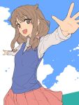  1girl :d azusagawa_kaede bangs blue_sky blue_vest blush brown_eyes brown_hair chiharu_(9654784) clouds collared_shirt commentary_request eyebrows_visible_through_hair hair_flaps hair_ornament hair_over_shoulder highres long_hair long_sleeves looking_at_viewer low-tied_long_hair miniskirt open_mouth outstretched_arms pink_skirt pleated_skirt round_teeth school_uniform seishun_buta_yarou shirt sidelocks sketch skirt sky smile solo teeth upper_body upper_teeth vest white_shirt 