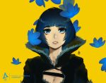  1girl bangs blue_eyes blue_flower blue_hair breasts cleavage cleavage_cutout collared_jacket erica_june_lahaie eyebrows_visible_through_hair flower original parted_lips short_hair signature solo upper_body watermark web_address yellow_background 