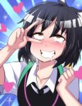  1girl ahegao black_hair blush brown_eyes drooling grin heart highres hinghoi marvel messy_hair peni_parker school_uniform short_hair smile solo sparkle spider-man:_into_the_spider-verse spider-man_(series) tears upper_body v 