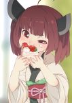  1girl ahoge bangs blush bob_cut brown_hair cake cream eating food food_on_face fruit headgear japanese_clothes kimono nose_blush obi red_eyes sash short_hair solo strawberry strawberry_shortcake touhoku_kiritan voiceroid white_kimono wide_sleeves yamadori_enka 