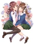  2girls :d :o bangs black_legwear blue_flower blue_rose blue_sweater blue_vest blush bow bowtie breasts brown_eyes brown_footwear brown_hair collared_shirt commentary_request floral_background flower green_skirt hair_ribbon head_tilt highres leaf loafers long_hair long_sleeves looking_at_viewer matsuzaki_miyuki miniskirt multiple_girls neckerchief open_mouth original pantyhose parted_lips pink_flower pink_rose pleated_skirt red_eyes redhead ribbon rose sailor_collar school_uniform shiny shiny_hair shirt shoes sidelocks skirt sleeves_past_wrists small_breasts smile socks sweater thighs twintails vest white_background white_flower white_legwear white_neckwear white_ribbon white_rose white_sailor_collar white_shirt 