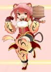  1girl :d animal_ears bell braid china_dress chinese_clothes commentary dress fang full_body fur gloves hair_bell hair_ornament head_scarf highres hinezumi_(monster_girl_encyclopedia) jingle_bell latenight long_hair looking_at_viewer monster_girl_encyclopedia mouse_ears open_mouth pink_background red_dress red_eyes redhead simple_background smile solo standing standing_on_one_leg tail underbust 