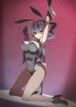  1girl animal_ears armpits arms_up bangs black_footwear black_gloves black_hair black_leotard blue_eyes blush breasts bunny_day bunny_girl bunny_tail bunnysuit cleavage covered_navel detached_collar fake_animal_ears fishnet_pantyhose fishnets full_body gloves high_heels kneeling kureson_(medarot) l_(laine) large_breasts leotard long_hair looking_at_viewer medarot medarot_8 open_mouth pantyhose pole_dancing rabbit_ears smile solo strapless strapless_leotard stripper_pole sunglasses tail twintails very_long_hair wavy_hair wrist_cuffs yellow-framed_eyewear 