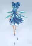  1girl alset blue_bow blue_dress blue_hair bow cirno commentary_request dress footprints from_behind grey_background hair_bow highres ice ice_wings light_blue_hair medium_hair puffy_short_sleeves puffy_sleeves short_sleeves snow solo touhou walking walking_away wings 