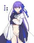  1girl blue_eyes blue_ribbon breasts color_guide crossed_arms crotch_plate fate/extra fate/extra_ccc fate/grand_order fate_(series) frown hair_ribbon long_hair long_sleeves meltlilith michihasu midriff navel purple_hair ribbon simple_background sleeves_past_wrists solo under_boob white_background 