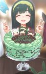  3girls bangs blush brown_hair cake cat character_doll closed_eyes double_v drooling english eyebrows_visible_through_hair facing_viewer food green_hair green_hairband hairband happy_birthday long_hair mint multiple_girls nose_blush solo_focus touhoku_itako touhoku_kiritan touhoku_zunko twintails v voiceroid white_hair yamadori_enka 