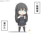  1girl asashio_(kantai_collection) belt black_hair blue_eyes chibi commentary_request dress full_body goma_(yoku_yatta_hou_jane) kantai_collection long_hair long_sleeves open_mouth pinafore_dress popsicle_stick remodel_(kantai_collection) shirt simple_background solo standing translated trembling twitter_username white_background white_shirt 