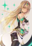  1girl armor ass bangs bare_shoulders blonde_hair blush breasts cleavage dress earrings floating_hair from_behind gloves highres mythra_(xenoblade) hinot jewelry large_breasts long_hair looking_at_viewer looking_back nintendo panties panties_under_pantyhose pantyhose pointing short_hair sidelocks simple_background smile solo sparkle swept_bangs tiara underwear white_panties xenoblade_(series) xenoblade_2 yellow_eyes 