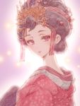  1girl alternate_costume alternate_hairstyle black_hair bluez graphite_(medium) hair_ornament japanese_clothes kanzashi kimono looking_at_viewer makeup nihongami oiran simple_background smile solo traditional_media yuugiri_(zombie_land_saga) zombie_land_saga 