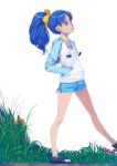  1girl akinbo_(hyouka_fuyou) alternate_hairstyle blue_eyes blue_hair blue_shorts blue_sleeves bow hair_bow hand_in_pocket highres hood hood_down hooded_sweater kirakira_precure_a_la_mode long_hair long_sleeves looking_up ponytail precure shiny shiny_hair short_shorts shorts simple_background solo sweater tategami_aoi walking white_background white_sweater yellow_bow 