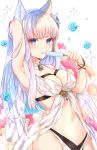  1girl absurdres animal_ears arm_up armpits bangs bare_arms bare_shoulders bikini blue_eyes blue_flower blue_rose bracelet breasts cleavage commentary_request cowboy_shot eyebrows_visible_through_hair flower food granblue_fantasy hair_ornament hand_up highres holding jewelry korwa long_hair looking_at_viewer medium_breasts navel popsicle red_flower rose silver_hair solo standing stomach sweetroad swimsuit tongue tongue_out white_bikini white_flower 