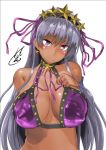  1girl arm_behind_back bangs bare_arms bare_shoulders blush breast_suppress breasts breasts_apart character_request closed_mouth dark_skin disconnected_mouth earrings eyebrows_visible_through_hair fate_(series) grey_hair hair_spread_out hand_up head_tilt jewelry large_breasts long_hair looking_at_viewer midriff nokishita_kumoemon purple_ribbon ribbon shiny shiny_hair shiny_skin signature smile solo star star_earrings straight_hair tsurime upper_body very_dark_skin very_long_hair 