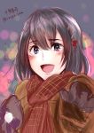  1girl :d alternate_costume artist_name black_gloves black_hair blurry bokeh commentary_request depth_of_field gloves haguro_(kantai_collection) hair_ornament hairclip happy_tears highres kantai_collection open_mouth red_scarf scarf short_hair smile solo suuyu_siba tears traditional_media twitter_username violet_eyes 