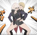  2girls ahoge artoria_pendragon_(all) ass_visible_through_thighs assisted_exposure black_jacket black_pants black_shirt blonde_hair blush breasts emphasis_lines eyebrows_visible_through_hair fate/grand_order fate_(series) fur_trim grey_hair hair_between_eyes jacket jeanne_d&#039;arc_(alter)_(fate) jeanne_d&#039;arc_(fate)_(all) jewelry large_breasts long_sleeves looking_at_viewer multiple_girls nanaya_(daaijianglin) necklace open_mouth pants purple_jacket saber_alter shirt short_hair standing white_background yellow_eyes 