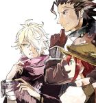  1girl 2boys brown_hair cloak dress gloves green_eyes hair_over_one_eye hat jewelry long_hair male_focus multiple_boys necklace octopath_traveler olberic_eisenberg open_mouth scarf setsu_(snow21g) short_hair simple_background smile therion_(octopath_traveler) tressa_(octopath_traveler) white_hair 