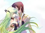  1boy 1girl 2017 black_sleeves breasts brown_hair c.c. choker cleavage closed_eyes code_geass couple detached_sleeves eyebrows_visible_through_hair floating_hair formal green_hair hug lelouch_lamperouge long_hair long_sleeves medium_breasts roman_buriki striped upper_body very_long_hair white_background yellow_eyes 