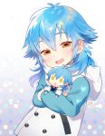  1boy :&gt; akemaru blue_hair blush buttons character_doll coat doll dramatical_murder highres holding holding_doll hood long_hair looking_at_viewer male_focus seragaki_aoba smile solo triangle_mouth yellow_eyes 