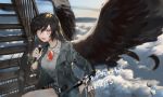  1girl above_clouds alternate_costume bangs belt bird_wings black_hair black_wings clouds cloudy_sky commentary_request contemporary day feathers hair_between_eyes hand_in_pocket hand_up holding holding_microphone jacket jewelry leaning_to_the_side long_hair long_sleeves looking_at_viewer microphone motion_blur namusan1146 necklace open_clothes open_jacket open_mouth outdoors pocket red_eyes reiuji_utsuho shirt shorts sky slit_pupils solo spread_wings stairs swept_bangs third_eye touhou unzipped upper_body white_shirt wings wristband zipper zipper_pull_tab 