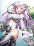  &gt;:d 1girl beret black_legwear blush breasts commentary_request covered_navel doyouwantto frame_arms_girl garter_straps gloves greifen hair_ornament hand_on_own_head hat highres large_breasts long_hair long_sleeves looking_at_viewer mecha_musume purple_hair signature solo thigh-highs violet_eyes white_gloves 