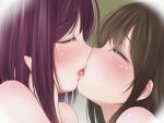  2girls bare_shoulders brown_hair closed_eyes commentary_request eyebrows_visible_through_hair french_kiss green_background kiss kozue_akari multiple_girls original portrait purple_hair tears yuri 