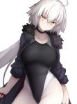  1girl ahoge arms_at_sides bangs black_choker black_jacket black_swimsuit breasts choker commentary_request competition_swimsuit cosplay cowboy_shot fate/grand_order fate_(series) frown fur-trimmed_jacket fur_trim grey_background groin hair_between_eyes head_tilt holding jacket jeanne_d&#039;arc_(alter)_(fate) jeanne_d&#039;arc_(fate)_(all) jeanne_d&#039;arc_(swimsuit_archer) jeanne_d&#039;arc_(swimsuit_archer)_(cosplay) large_breasts long_hair long_sleeves looking_at_viewer mobu one-piece_swimsuit open_clothes open_jacket simple_background solo swimsuit v-shaped_eyebrows white_background white_hair yellow_eyes 