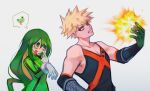  asui_tsuyu bakugou_katsuki blonde_hair boku_no_hero_academia couple explosion frog_girl gloves green_eyes green_gloves green_hair grey_background highres red_eyes the_lovers_(tarot) white_gloves 