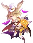  1girl animal_ears bat belt boots breasts brown_footwear character_request cleavage closed_mouth commentary_request dragalia_lost garter_straps hair_over_one_eye hat highres jack-o&#039;-lantern kneehighs light_brown_hair long_sleeves looking_at_viewer medium_breasts mini_hat navel one_eye_covered puffy_shorts rabbit_ears shorts sibyl smile solo top_hat violet_eyes white_hat white_legwear witch_hat 
