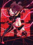  1girl aetherion black_footwear boots breasts brown_hair commentary cosplay dual_wielding english_commentary fighting_stance full_body garter_straps hairpods highres holding incoming_attack kagari_atsuko kill_la_kill life_fiber little_witch_academia matoi_ryuuko matoi_ryuuko_(cosplay) microskirt midriff navel open_mouth pointy_shoes red_eyes revealing_clothes scissor_blade senketsu serious shoes skirt small_breasts solo suspenders thigh-highs thigh_boots under_boob 