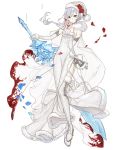  1girl bell christmas crystal_sword detached_sleeves dress flower full_body fur_trim grey_eyes hat ice ji_no looking_at_viewer official_art petals reverse_grip ribbon rose santa_hat see-through side_slit sinoalice snow_white_(sinoalice) solo sword thigh-highs transparent_background weapon white_hair 