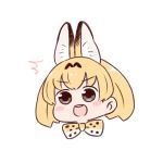  /\/\/\ 1girl :d animal_ears batta_(ijigen_debris) blonde_hair blush_stickers bow bowtie brown_eyes chibi commentary eyebrows_visible_through_hair kemono_friends open_mouth orange_neckwear round_teeth serval_(kemono_friends) serval_ears serval_print short_hair simple_background smile solo teeth white_background 