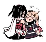  2girls black_hair blonde_hair blush cheek_pinching closed_eyes commentary_request elbow_gloves from_behind gloves hair_flaps hair_ribbon kantai_collection lowres multiple_girls pinching pleated_skirt poi remodel_(kantai_collection) ribbon scarf sendai_(kantai_collection) simple_background skirt terrajin white_background yuudachi_(kantai_collection) 